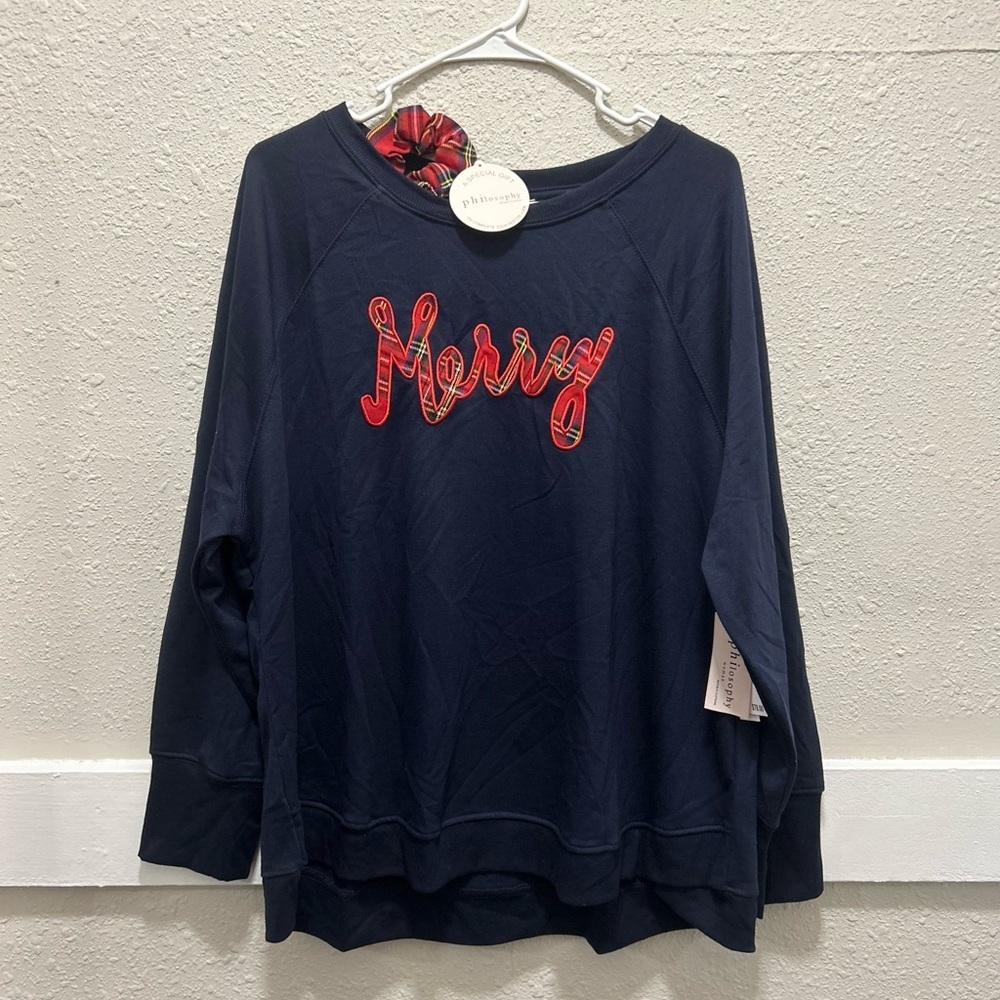 Women’s Philosophy Navy Blue Long Sleeve “Merry” Sweater w/ Scrunchie 1X